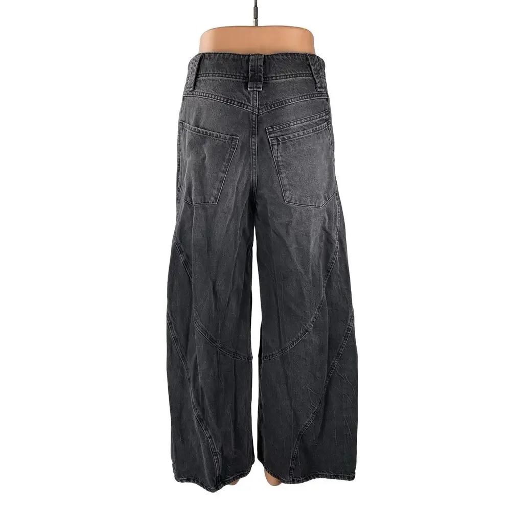 Free People Women's Black High Waist Baggy Flare Wide Leg Denim Jeans Pants 25